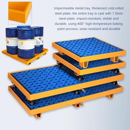 Drum Spill Containment Pallet, Leak-Proof Stackable Platform with Drain Outlet for Safe Chemical and Oil Storage 65x65x15CM,Yellow(Wheels)-65x65x15CM