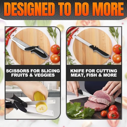 Cutting Board Scissors - 2 In 1 Stainless Steel Vegetable Scissors Cutting Board Knife, Dishwasher Safe, Safety Lock, Rust Resistant - Sharp Kitchen Scissors for Vegetables & Fruits