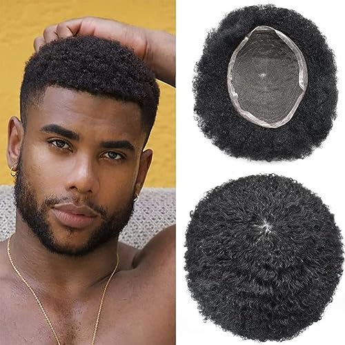 Afro Toupee for Black Men Curly Hairpiece Brazilian Human Hair Transparent Full Lace Man Weave Hair Unit Replacement System African American Men Toupee 8x10 12MM Afro Wavy #1B Off Black