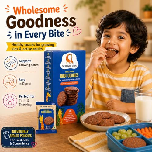Image of The Growing Giraffe Multigrain and Ragi Cookie- Calcium-Rich Ragi, 5 Whole Grains, No Refined Sugar, No Maida, No palm oil, Nut-Free, Healthy Biscuits with jaggery and butter for Kids & Grown-Up Adults- Pack of 2