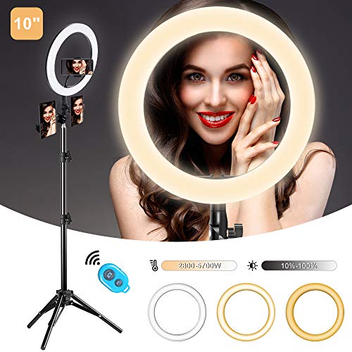 10 Selfie Ring Light with Tripod Stand and 3 Phone Holder for TikTok/YouTube/Photography/Live/Makeup, Mountdog LED Circle Lights for iPhone, Android, 3 Light Modes & 11 Brightness Level