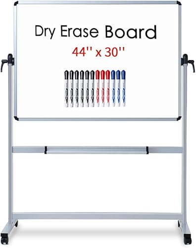 VIZ-PRO Pizarra blanca móvil magnética de doble cara de 44 x 30 pulgadas, marco y soporte de aluminio, con 12 marcadores