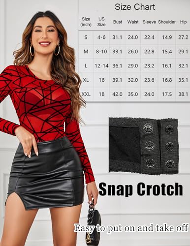 Image of Avidlove Womens Mesh Long Sleeve Bodysuit Round Neck Sheer Leotards Geo Print Bodysuit Top with Snap Crotch