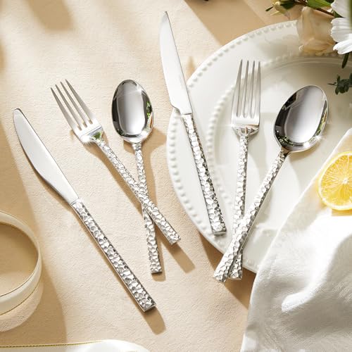 Image of KINGSTONE 36 Piece Silverware Set with Steak Knives, Hammered Silverware Set for 6, 18 /10 Stainless Steel Flatware, Cutlery Set for Home, Party, Wedding, Mirror Polished Dishwasher Safe