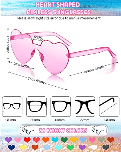 Konohan 36 Pairs Heart Shaped Rimless Sunglasses Bulk Trendy Frameless Transparent Candy Color Fun Sunglasses Eyewear for Women Men, Party Favor2