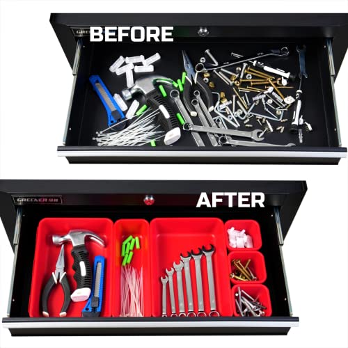 Onreva Tool Box Organizers And Storage Trays, Tool Cabinet Drawer Dividers, Rolling Tool Chest Bins, Toolbox Tray Kit For Hardware And Small Tools, 24Pcs Thick Red Trays #TOP4