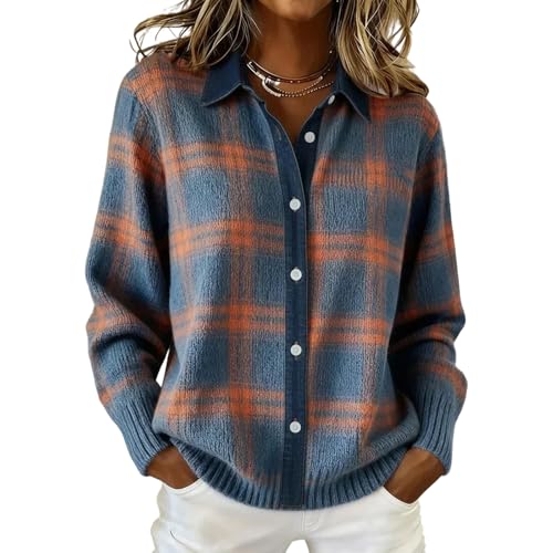 Womens Plaid Print Casual Cotton Buttoned Cardigan Sweater - Casual Knit Cardigan Fluffy Soft Daily Wear