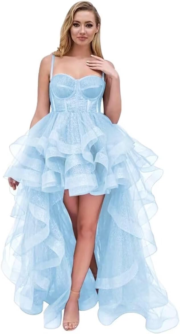 High Low Tulle Short Prom Dress 2026 Spaghetti Straps Ruffles Homecoming Dresses Mini Party Gown