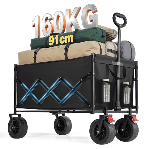SONGMICS Chariot de Transport Pliable, Chariot de Campings, avec Poignée, 4 Roues Renforcées Dont 2 Roues Universelles, Extérieur, Jardin, Charge 180 kg, 200 L, Noir d'encre GFW201B101