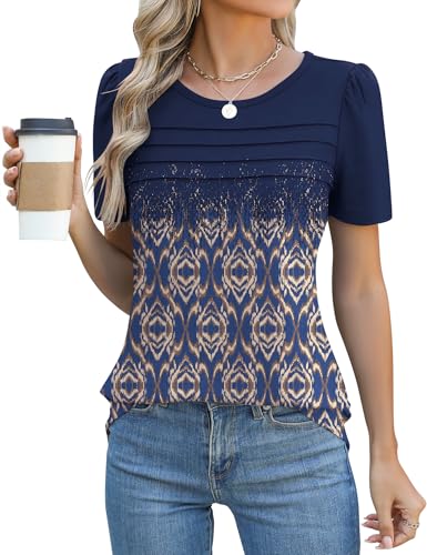 Rapbin Tshirt Damen Sommer Kurzarm Bluse Elegant Rundhals Mit Falten Oberteil Locker Frauen Puffärmel Blumen Tops Lässig Basic Tunika Shirts 2025(Boho Blau,XXL)