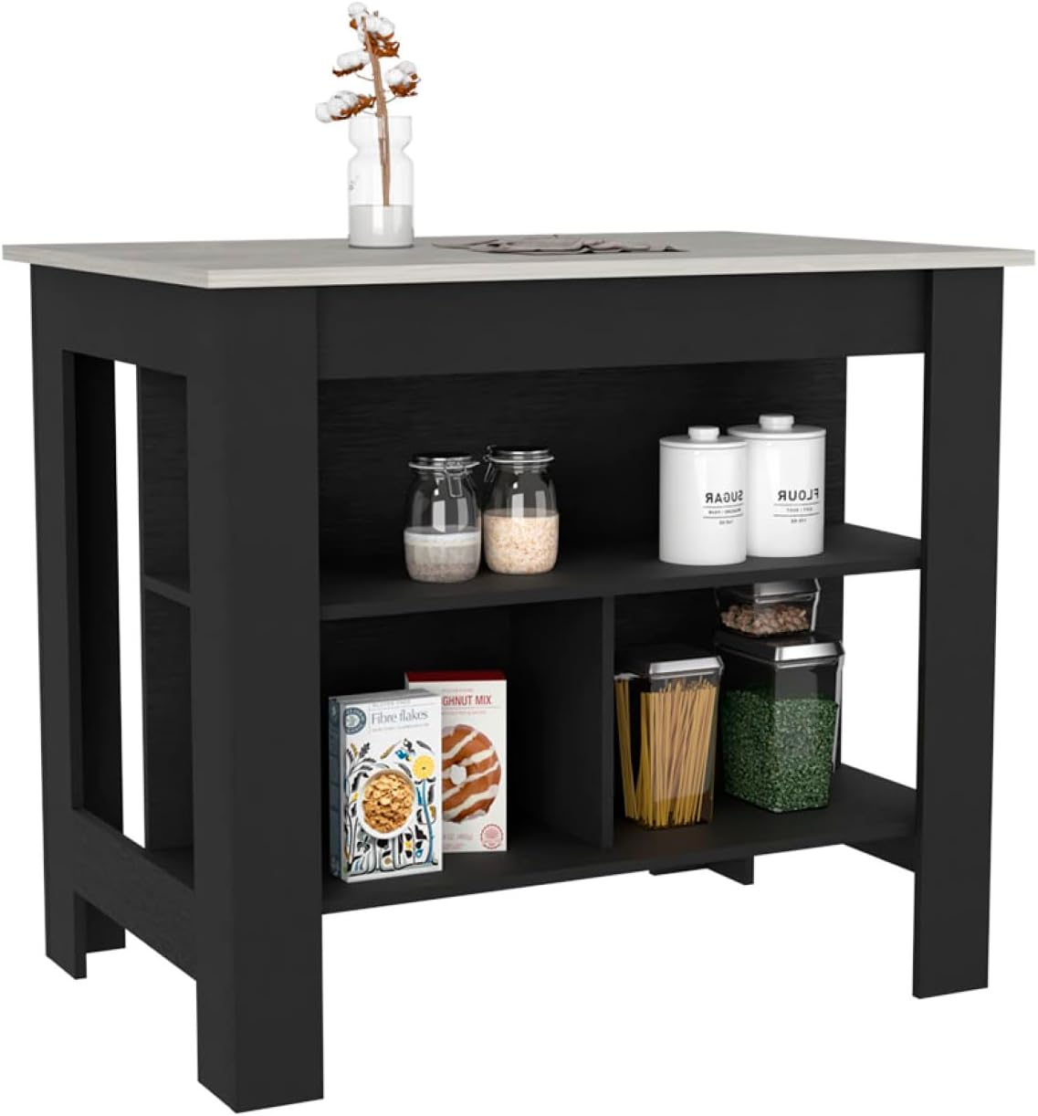 Kitchen Island Dozza, Three Shelves, Black/Ibiza Marble Color Finish