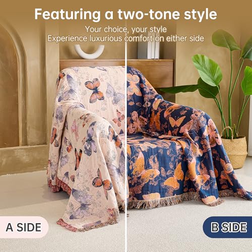 Image of VANJOROY Boho Throw Blanket, 100% Organic Cotton Breathable Ultra Soft 60 inch x 80 inch Bed Quilt Throw - All Season Floral Rustic Farmhouse Decor Luxury Reversible Blanket for Sofa Couch Chair and Gift