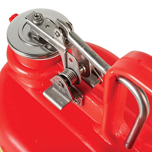 Image of Justrite 14065 1 /2 Gallon, 4 5 /8 inch x 7 5 /8 inch x 9.50 inch Size Type I Red Oval Polyethylene Safety Can with Stainless Steel Hard