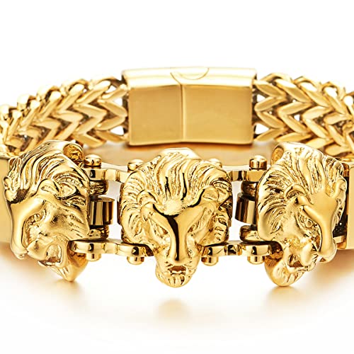 COOLSTEELANDBEYOND Steel Double Square Franco Link Bike Chain Three Lion Heads Bracelet, Magnetic Clasp3