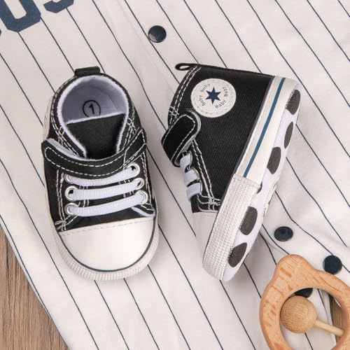 Image of Unisex Baby Girls Boys Canvas High-top Shoes, Newborn Infant Anti-Slip Soft Sole Frist Walking Breathable Sneakers
