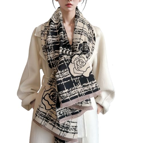 Winter Scarf Women Pashmina Shawls And Wraps Romantic Checked Camellia Pattern Reversible Cashmere Scarf With Tassel