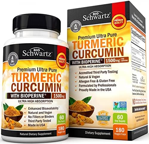 Turmeric Curcumin with BioPerine 1500mg - Natural Joint Support with 95% Standardized Curcuminoids & Black Pepper Extract for Ultra High Absorption & Potency - Non GMO - Gluten Free - 180 Capsules