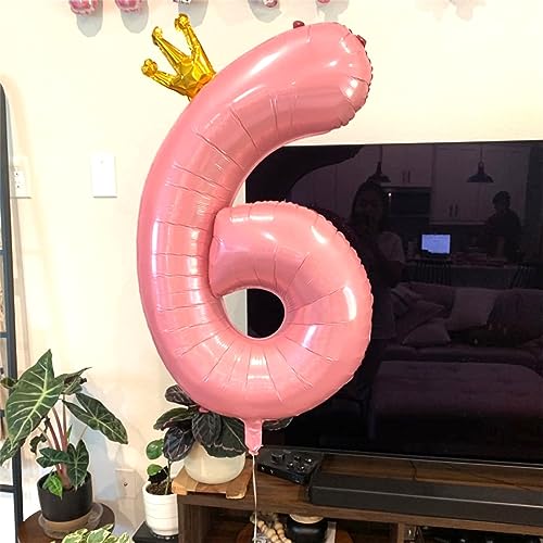 Image of Large Number 6 Balloons, Light Pink 40 Inch Foil Number Balloon for Women, Crown Pearl Pink Self Inflating 0-9 Set Balloons for Girls 6th Birthday Party Decor Anniversary Party Decorations Supplies