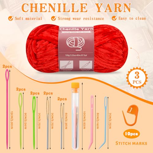 Image of LUNARM Chenille Yarn for Crocheting Knitting, 3 Pack of 100g /3.5oz Velvet Yarn Thick Soft Chunky Fluffy Weaving Plush for Blankets Clothes Pattern Creations 263 Yard with Big Eye Needles (Red)