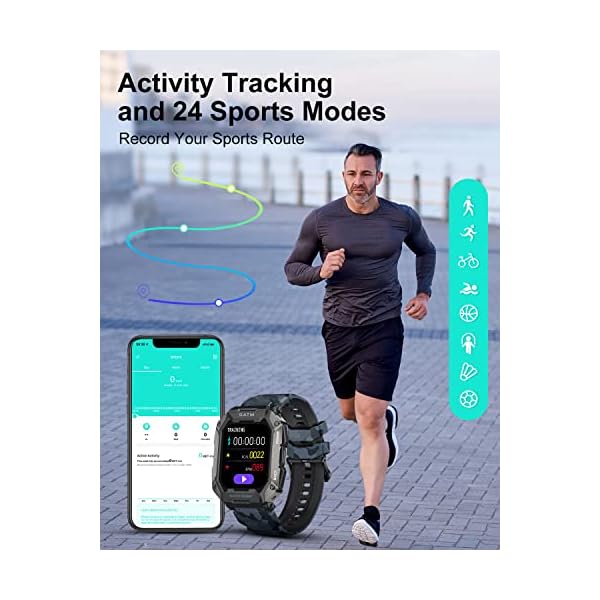 Military Smart Watch for Men, Fitness Tracker with Heart Rate Sleep Monitor/Message Reminder, IP67 Waterproof Outdoor Sport Smartwatch for Android iOS - Image 9