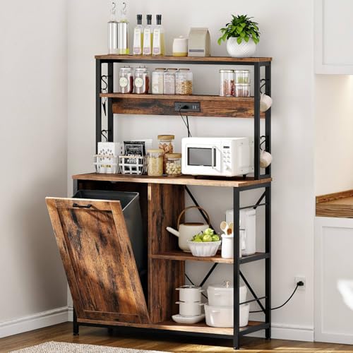 Image of HOOBRO Bakers Rack Microwave Stand with Trash Can Bin Cabinet, 5-Tier Kitchen Storage Shelf Cabinet with Power Outlet, Tall Coffee Bar Table Station for Dining Room, Rustic Brown and Black BF50UHB01
