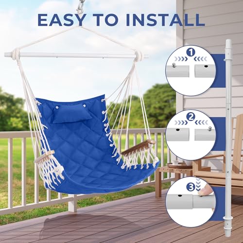 Image of Hammock Chair Hanging Swing with Wooden Armrest;Steel Spreader Bar,Pillows,Hardware kit Included;Cotton Woven;Up to 350 Lbs,for Indoor Outdoor Blue
