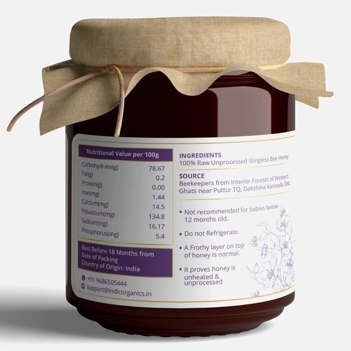 Image of Indic Organics Small Stingless Bee Raw Honey from Western Ghats | Wild-Flower, Unprocessed, Unheated & Unpasteurized | Produced by Small Stingless Bees | Cheruthen Honey (Small Stingless Bee Honey, 650 Gm)