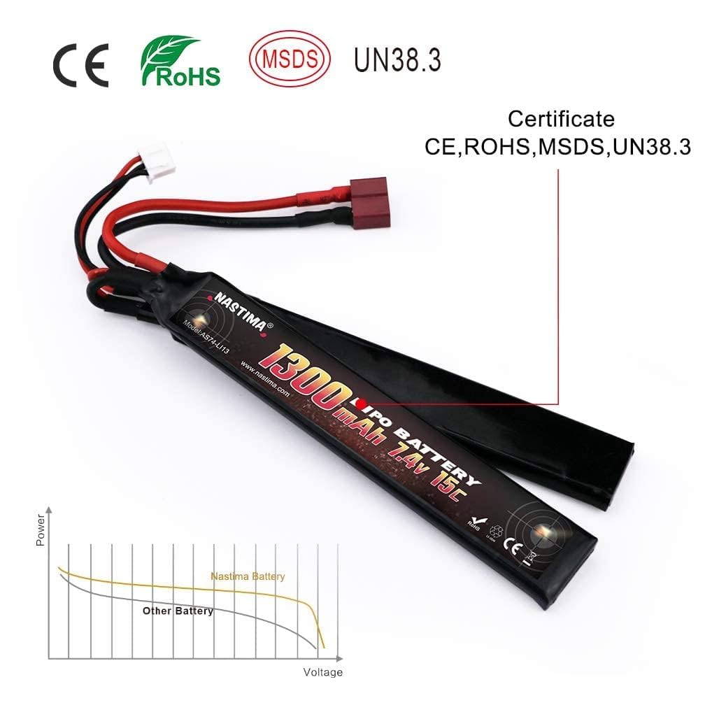 NASTIMA 7.4V 1300mAh Airsoft Lipo Batteria,2S 15C Batteria A Farfalla Compatibile Con Connettore Deans-T Per Pistole Airsoft AK47, MP5K, MP5, Scar, M249, AUG, AEG