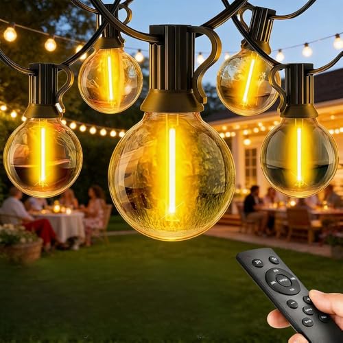 LaiTeny Outdoor String Lights Mains Powered - Festoon Lights 50FT/15M with Shatterproof LED Bulbs Waterproof Remote Dimmable Hanging Lighting for Garden Patio Gazebo Pergola Wedding Party