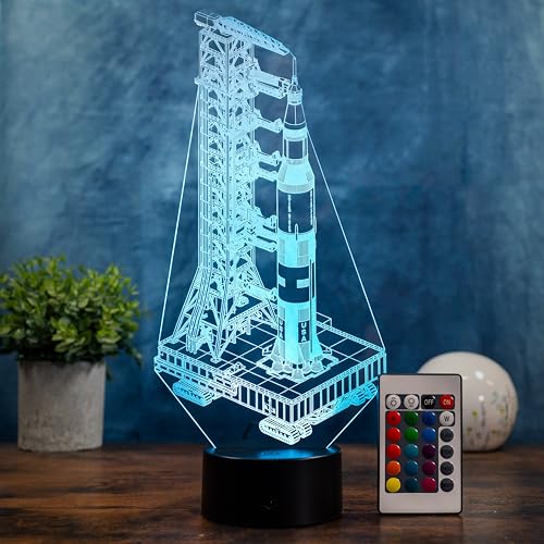 Optechvisual Saturn V Rakete LED Lampe XL – NASA Apollo Raumfahrt Nachtlicht, große Raketen Lampe mit Startturm, 30 cm hoch, 16 Farben dimmbar, Geschenk für Technik & Weltraum Fans