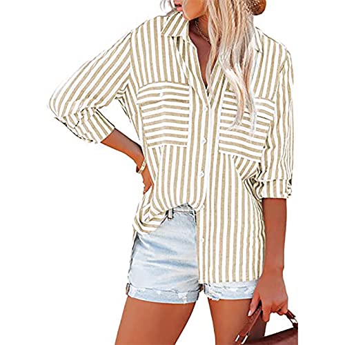 Loose Fit Long Tshirts for Women Fall Winter High Neck Linen Striped Cardigan Tee Shirt Tops Women 20244