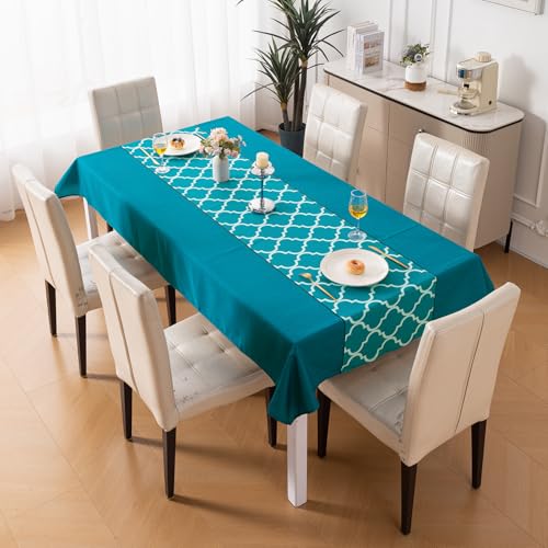 Image of HOKIPO Modern Grace Table Cloth for 6 Seater, 55x86 in, Aqua Trellis