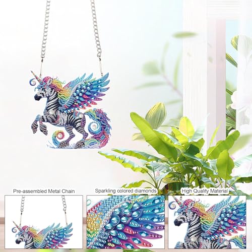 Image of AiYuanzsh Rainbow Zebra Diamond Painting Pendant, DIY Diamond Art Sparkling Acrylic Hanging Decoration, Unique Zebra Design Wall Art Craft Kit for Adults