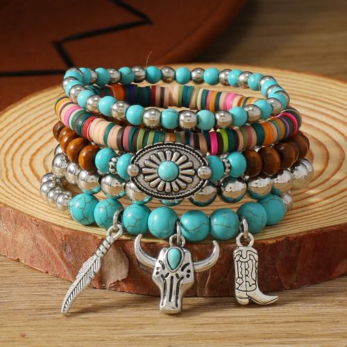 Bohemian Beaded Bracelet for women Vintage Turquoise Wood Beads Bracelet Western Jewelry Set for Men Boho Ox-head Cactus Cross Stretch BraceletS Tribal Ethnic Unisex Accessories3