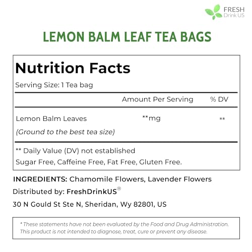 Image of FreshDrinkUS, Premium 120 Lemon Balm Leaf Tea Bags, 100% Natural & Pure from Lemon Balm Leaves. Loose Leaf Herbal Te. No Sugar, No Caffeine, No Gluten, Vegan.