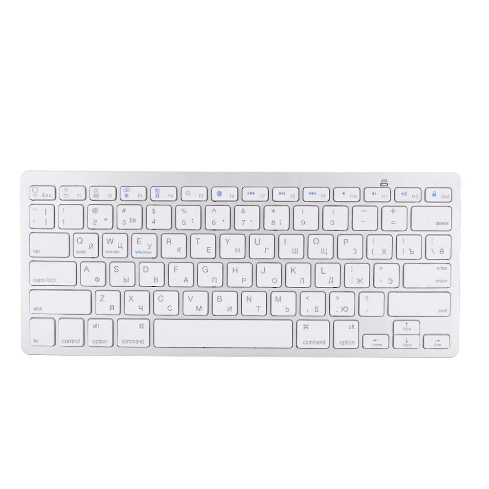 Dpofirs Teclado en Idioma Ruso Bluetooth Ultrafino, Diseño Multifuncional de 78 Teclas para Computadora, Escritorio, PC y Portátil - Plateado Blanc