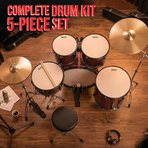 Image of ARCTIC CRONOS 5 Piece Complete Acoustic Drum Kit /Drumset with drumsticks, Cymbals and throne - Nickel Hardware. Best Sounding shells, most durable build, Professional level Configuration. (Red)