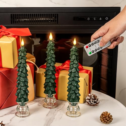 Image of Homemory 3 Pcs Christmas Tree Candles with Remote, Waxy Flameless Taper Candles Flickering, Green LED Candlesticks Battery Operated for New Year Celebration Holiday Decorations 9.7 Inches