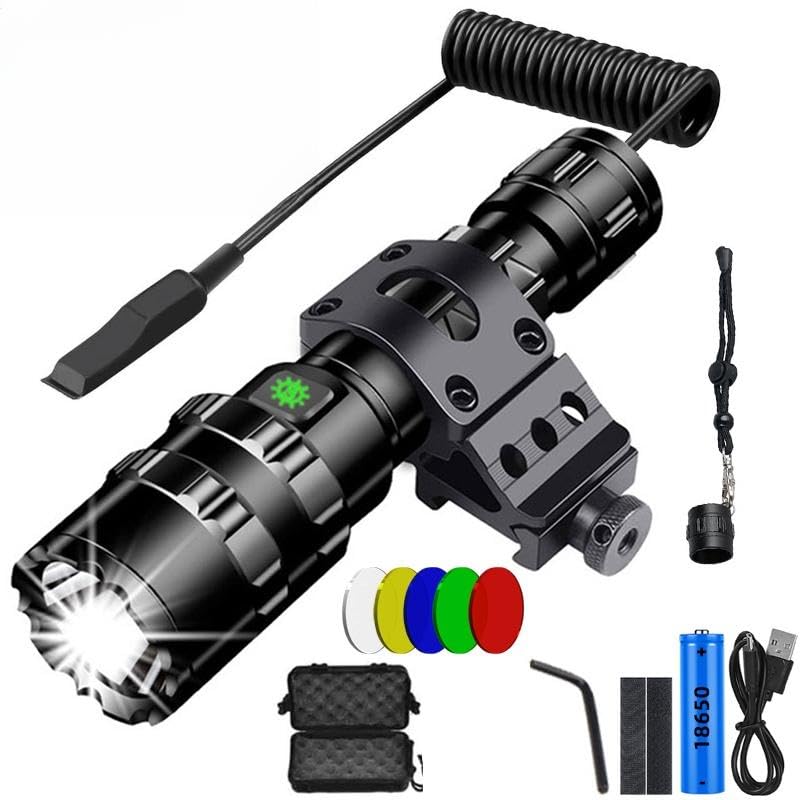 WHTOHY 4000 Lumen Rechargeable Rail Mounted LED Torch, 20mm Picatinny Rail Kit with Wired Remote Pressure Switch, 2-in-1 Handheld Light with 4 Colour Filters for Outdoor Emergency & Search