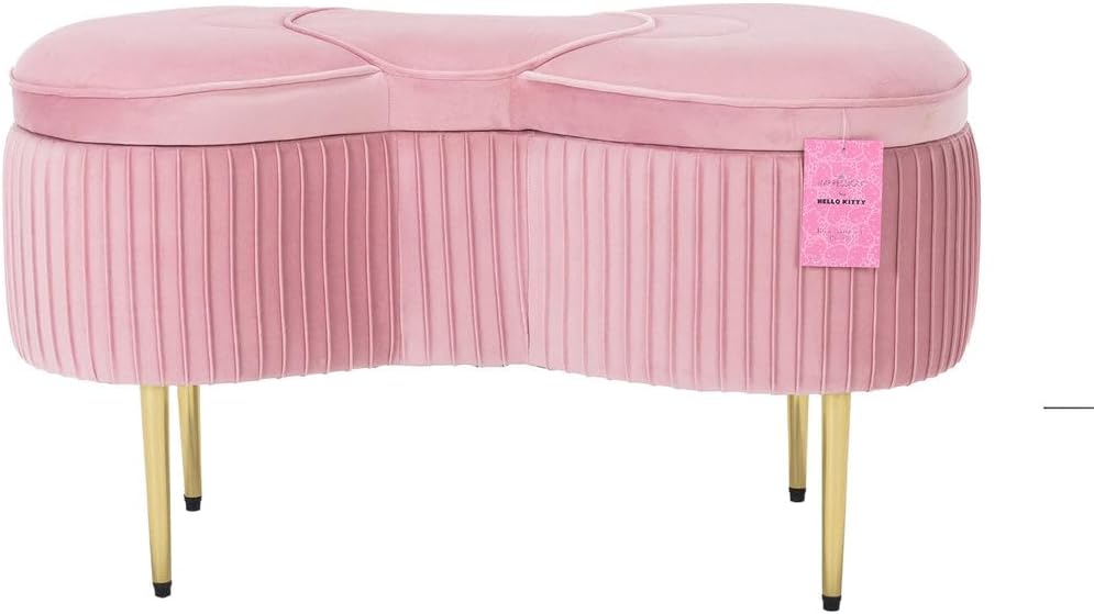 Impressions Vanity Hello Kitty Bow Velvet Storage Bench for Bedroom and Living Room, Luxurious Design Foam Padded Upholstered Ottoman Bench Seat Organizer with Gold Metal Legs