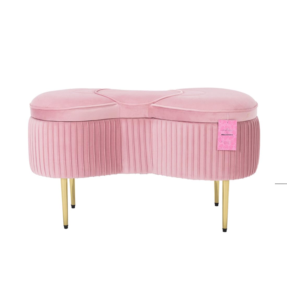 Impressions Vanity Hello Kitty Bow Velvet Storage Bench for Bedroom and Living Room, Luxurious Design Foam Padded Upholstered Ottoman Bench Seat Organizer with Gold Metal Legs