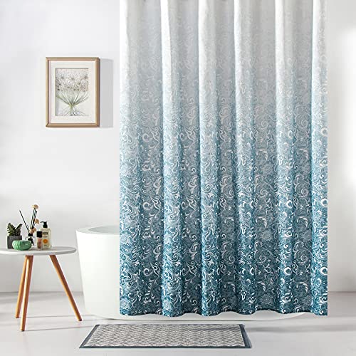 VENESSCO Fabric Shower Curtain, Water Repellent Polyester Shower Curtain for Bathroom Decoration, Blue Gradient Boho Bathroom Curtain Shower Set with 12 Plastic Hooks, 72 X 72 Inches (Blue)