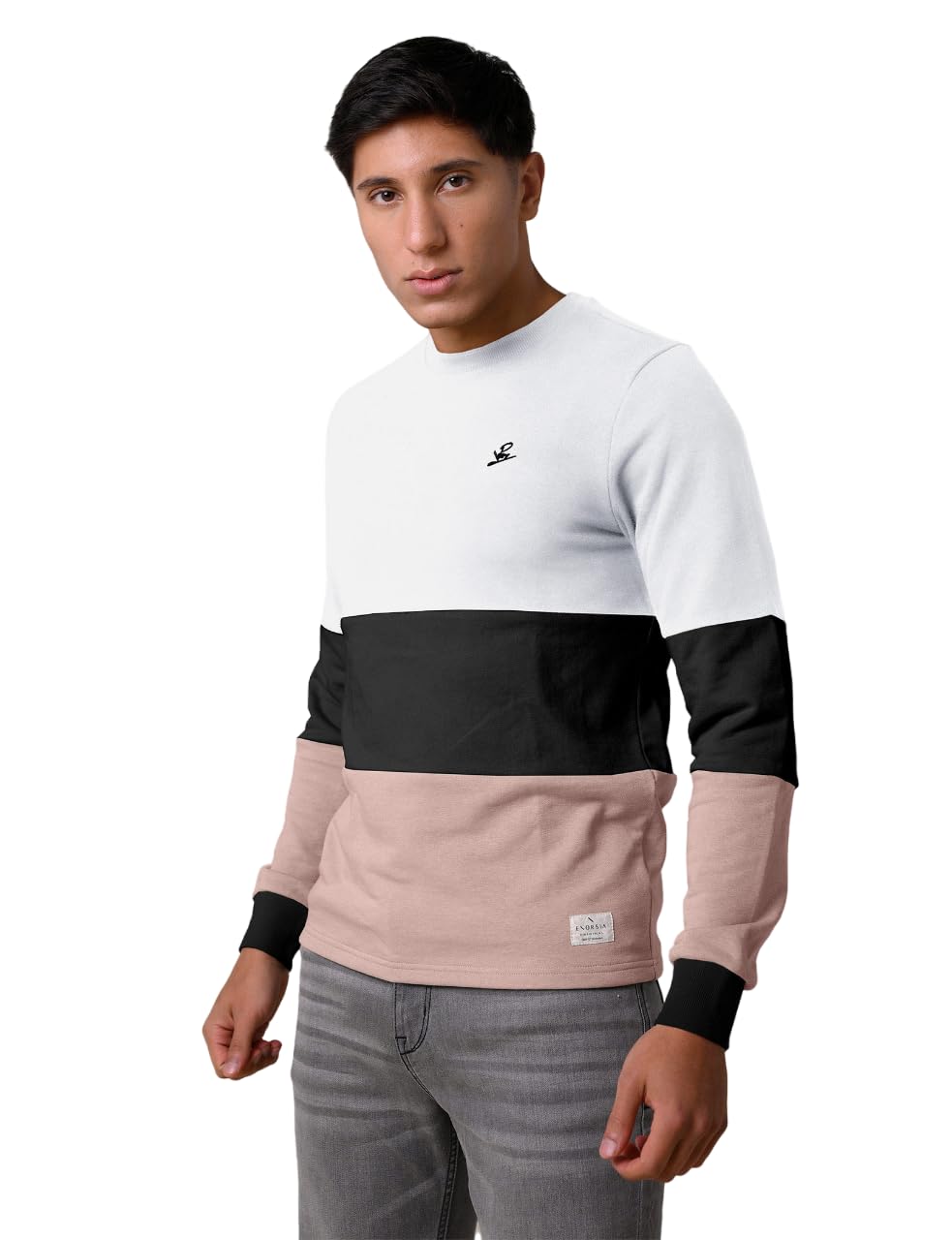 Enorsia Men's White Long Sleeves Colourblock T-Shirt With Crew Neck And Ribbed Design On The Cuffs - M