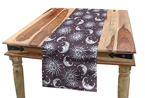 Lunarable Sun And Moon Table Runner, Coloring Book Style Celestial Motif With Faces Inspirations, Dining Room Kitchen Rectangular Runner, 16" X 72", Rose White #TOP22