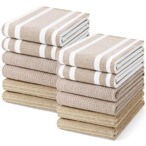Image of Homaxy Premium Kitchen Towels(18 inchx 28 inch, 12 Pack), Large Cotton 380 GSM Kitchen Hand Towels, Soft and Absorbent Terry Dish Towels, Multipurpose Tea Towel Set with Hanging Loop, Khaki