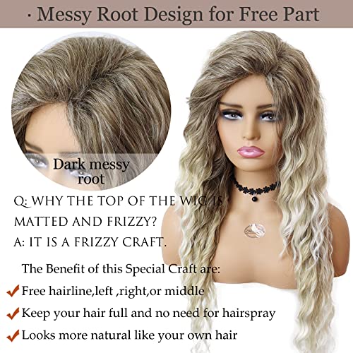 Image of GNIMEGIL Long Ash Blonde Curly Wig for Women - Voluminous Mixed Blonde Water Wave Synthetic Hairpiece - 26 Inch Deep Wavy Glueless Wig for Daily Wear, Party Cosplay