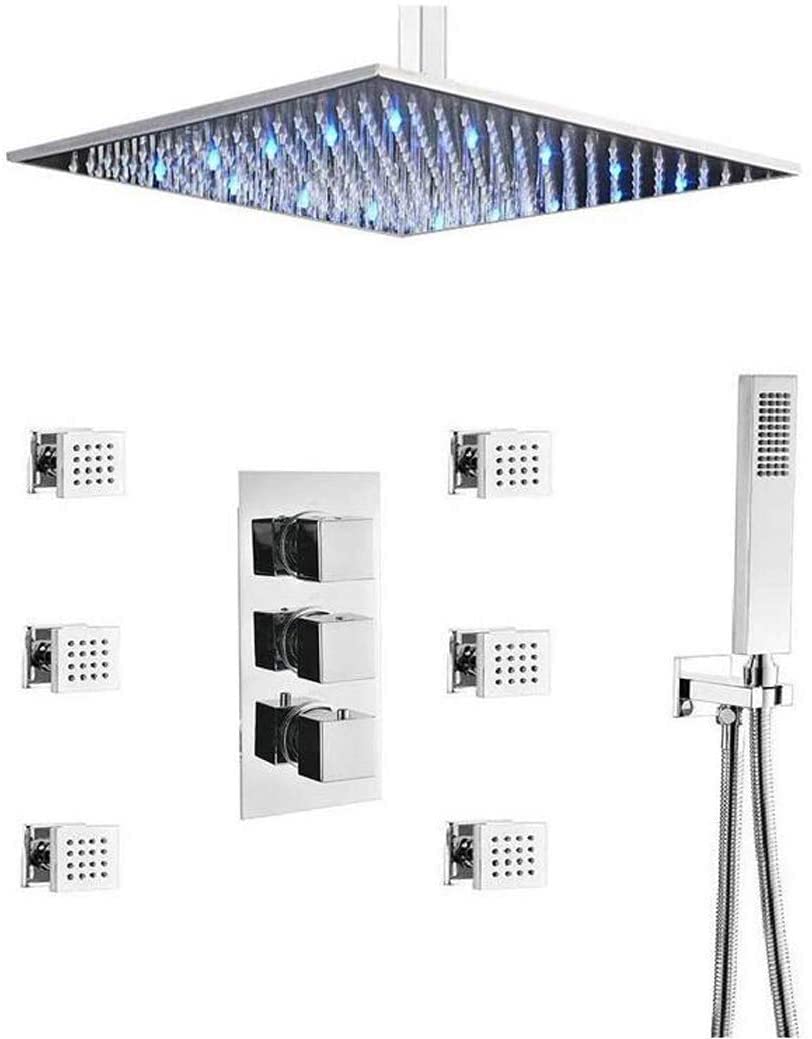 System prysznicowy, termostatyczny, mosiężne, chromowane wykończenie, 10-16 cali LED do montażu sufitowego, system deszczownic z deszczownicą, z 6 strumieniami do ciała i zestawem prysznicowym ręcznym