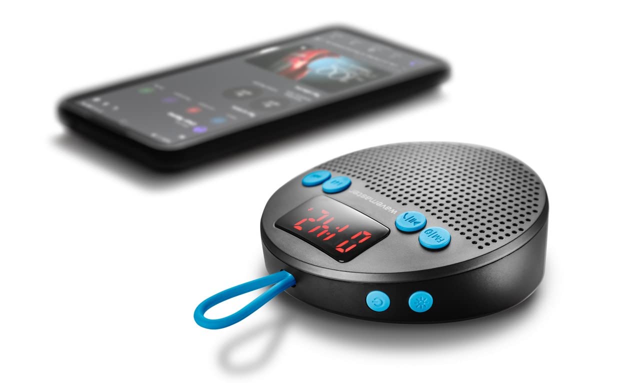Wavemaster MOBI-3 niebieski - przenośny głośnik Bluetooth do podróży (pole dźwięku 360°) z radiem, budzikiem i funkcją głośnomówiącą, ochroną IPX5 przed rozpryskami wody - niebieski