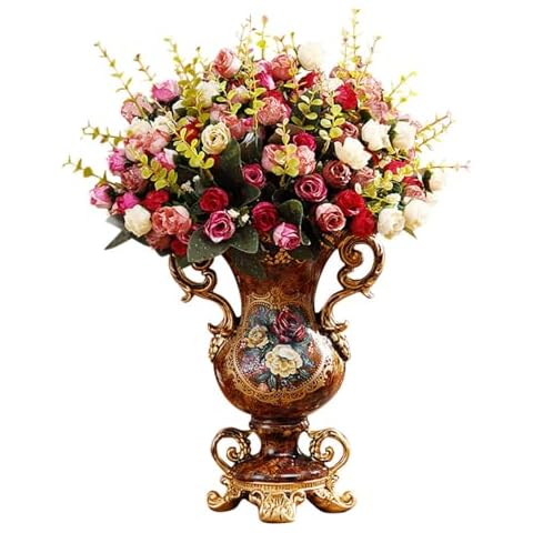 BULUXE Artificial Vintage Flower Arrangement Vase Set European Golden Resin Vase Fake Flower Decor Wedding Party Cover