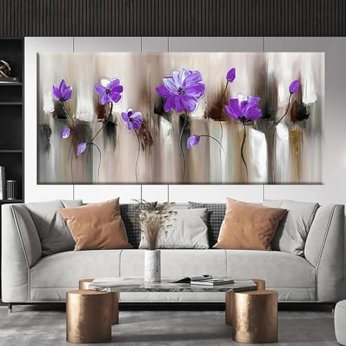 Peinture murale abstraite bleue KEBIA fleur violette toile paysage floral 80x160cm sans cadre